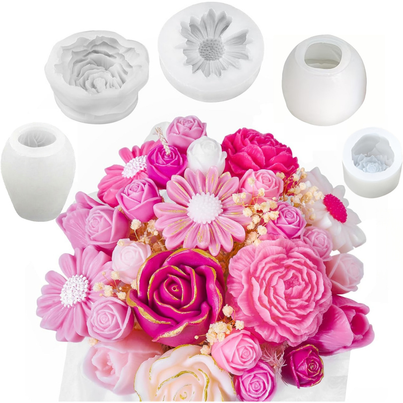 Candle Making Kit - 5 Çiçekli Mum Kalıp Seti, 3D